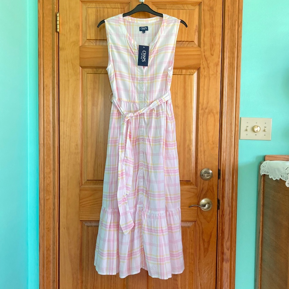 Womens size medium Chaps NWT pink & yellow plaid button front dress with pockets - Picture 4 of 13
